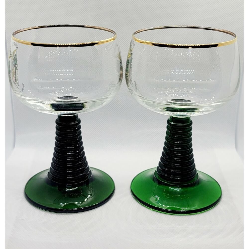 Vtg 2 Wine Glass Goblet Gold Trim Green Swirl Stem Engineers Oberammerg Germany - Picture 5 of 7